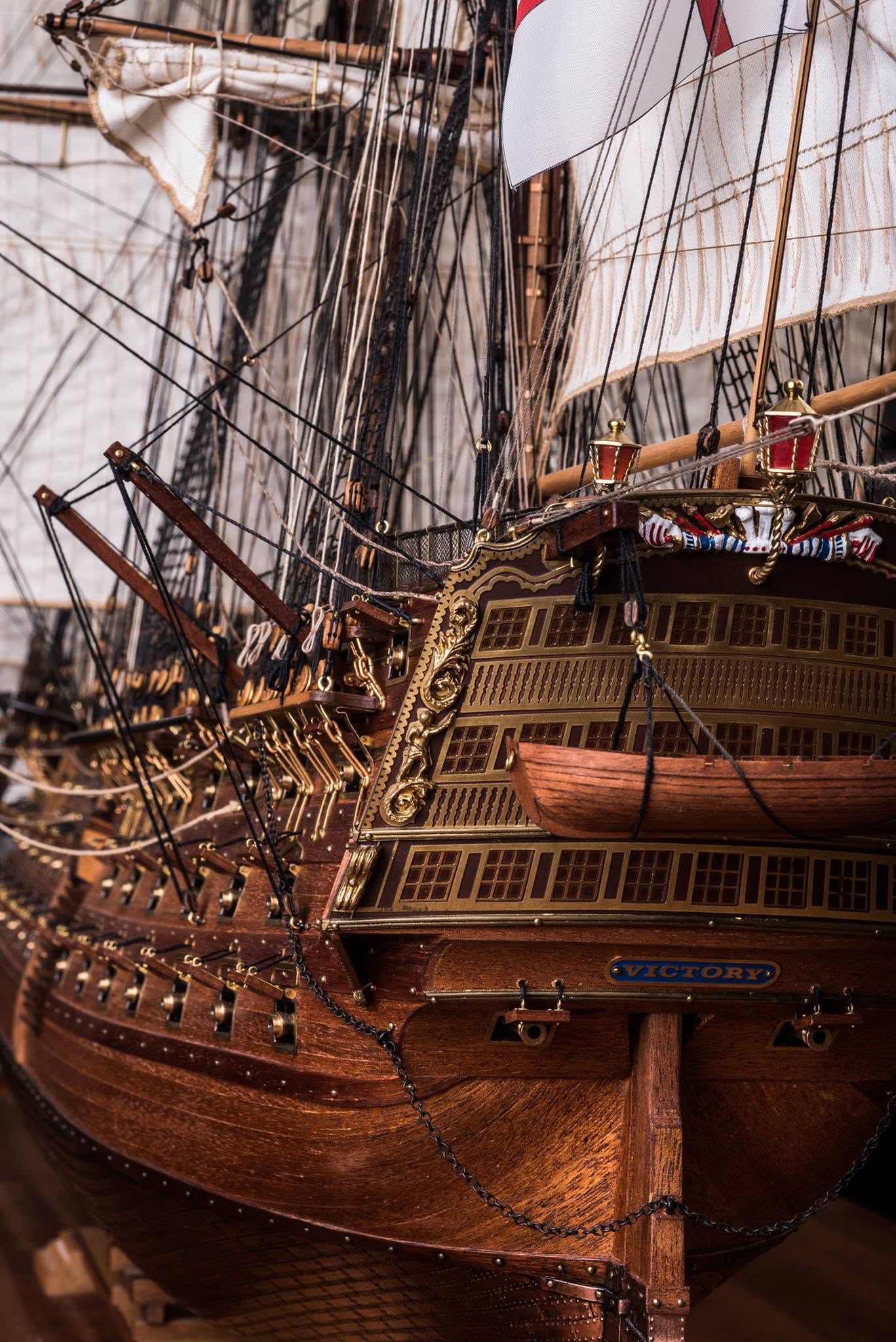 Close view of the Victory model's bow, showing ratlines, deadeyes and running rigging in scale rope
