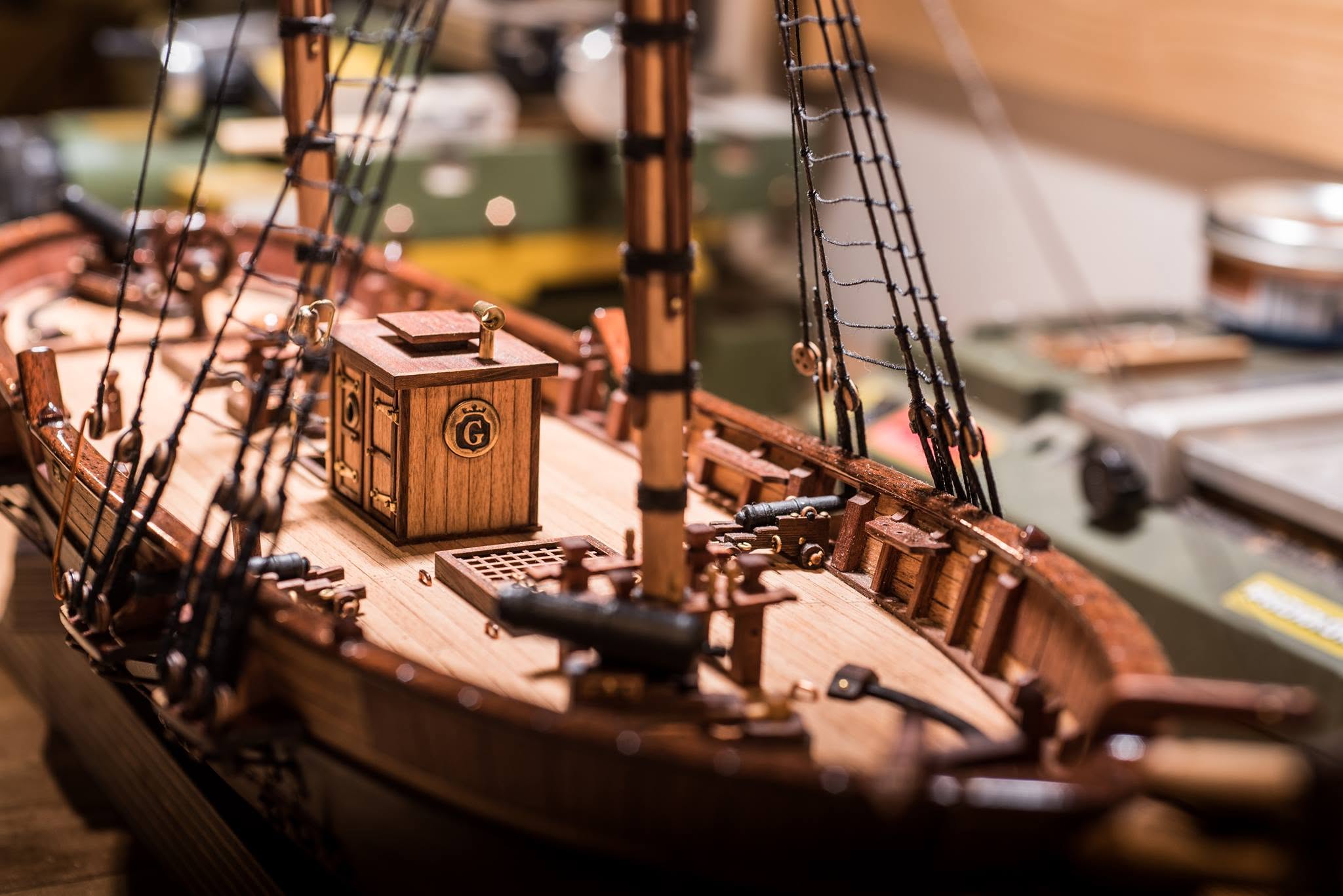 Deck of a part-built model showing the companionway, cannon and standing rigging