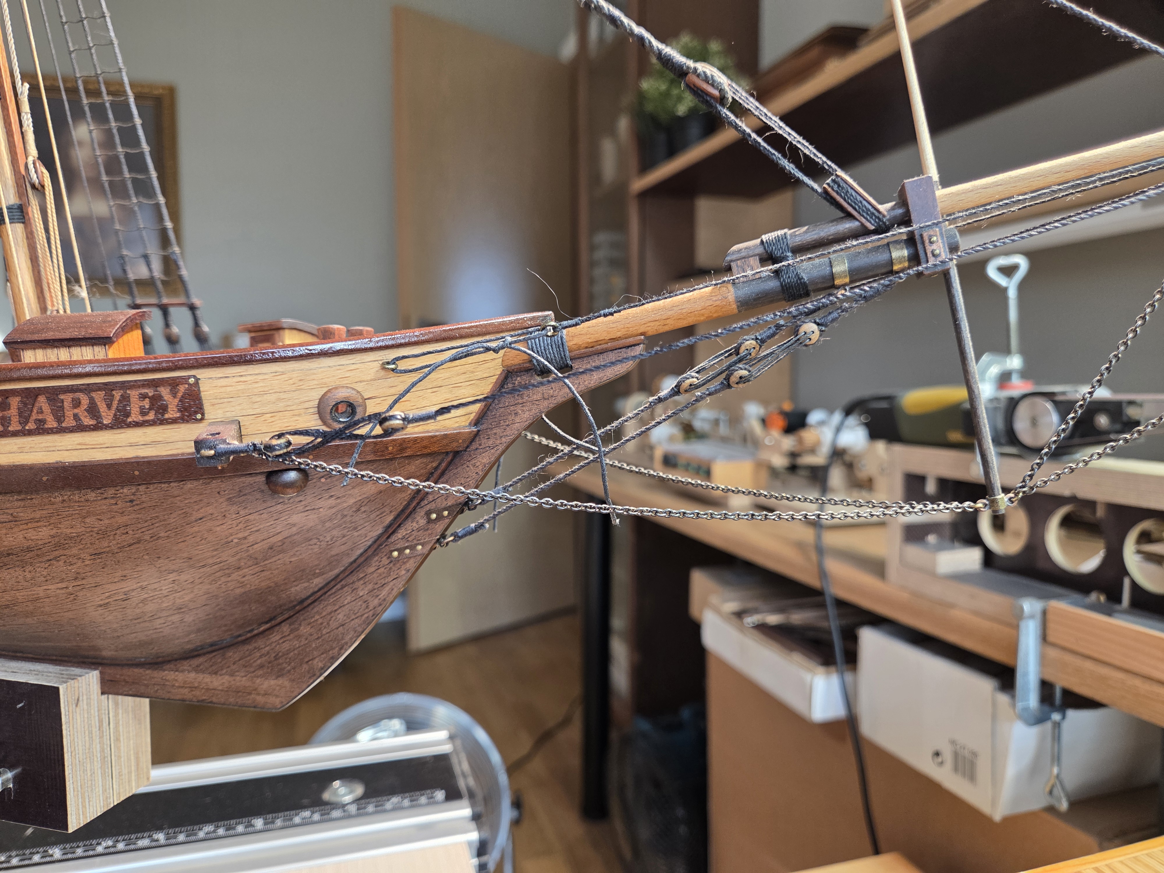 Bowsprit and headrig of the Harvey model, rigged with scale rope and a chain bobstay