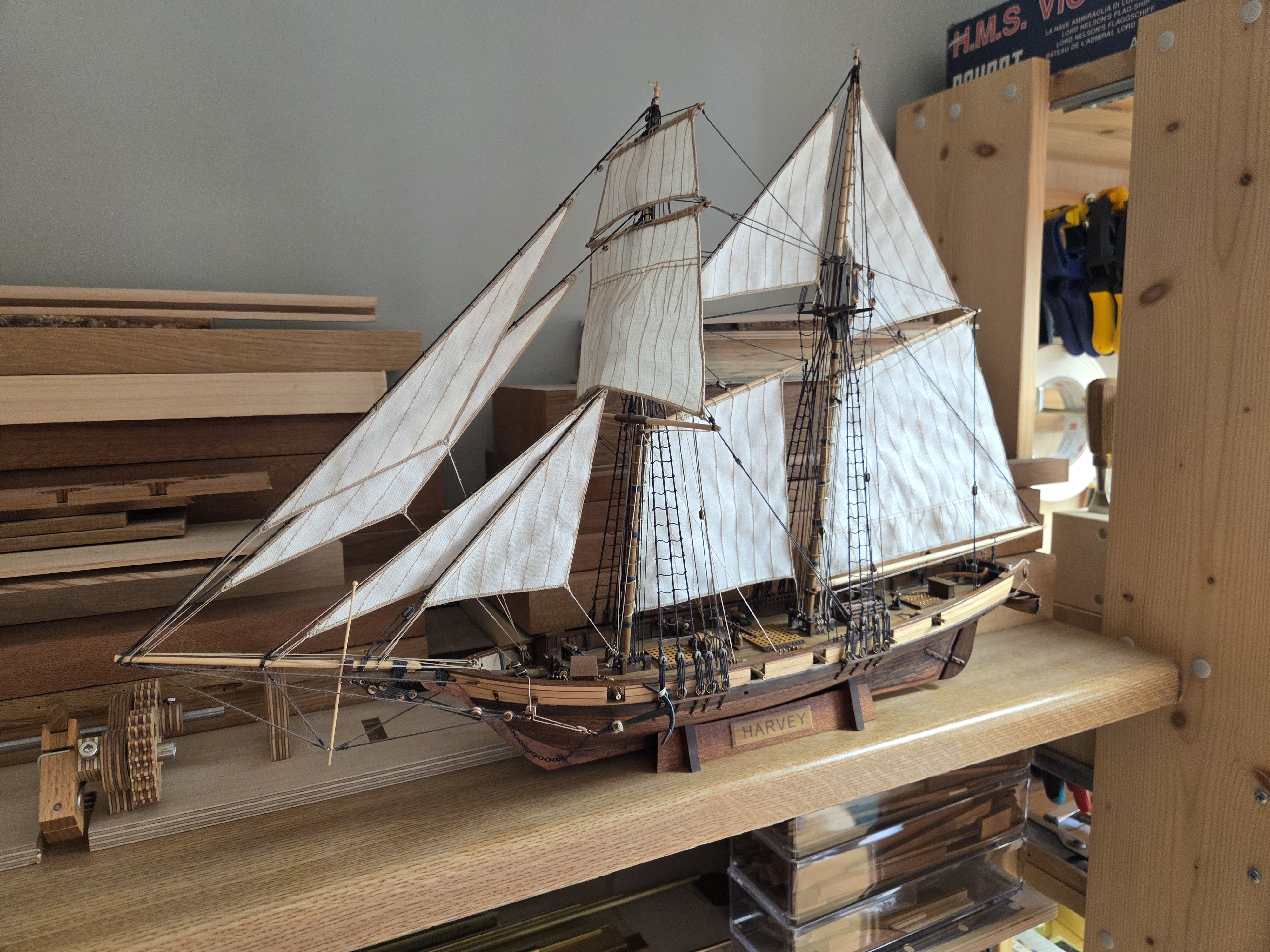 The completed Harvey under full sail, rigged throughout with scale rope